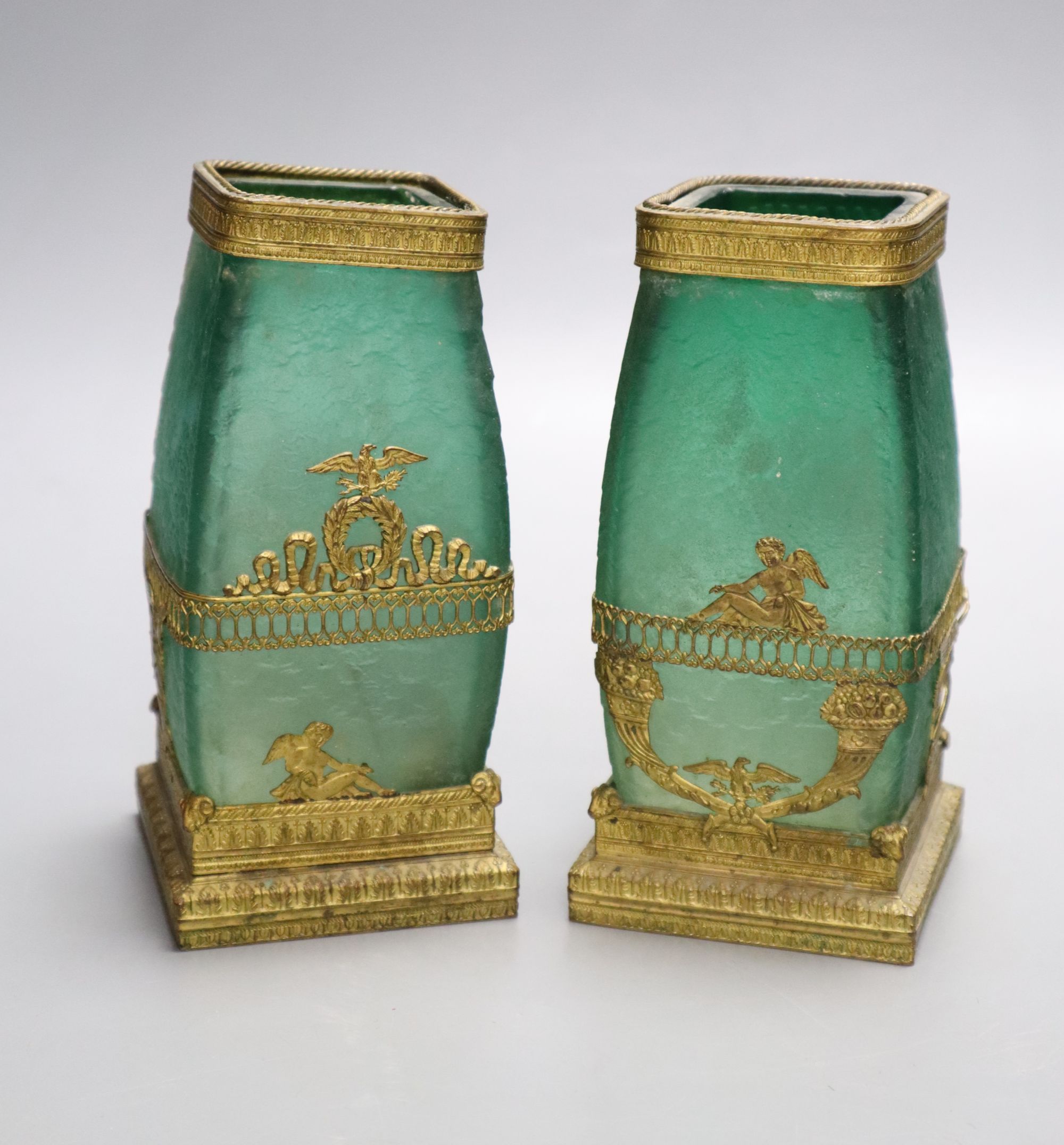 A pair of 19th century French acid-etched emerald green cameo glass vases, H 15cm